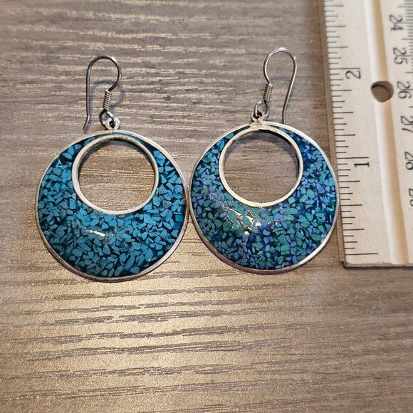 Vintage Alpaca Silver & Crushed Turquoise Dangle Hoop Earrings - Picture 2 of 4